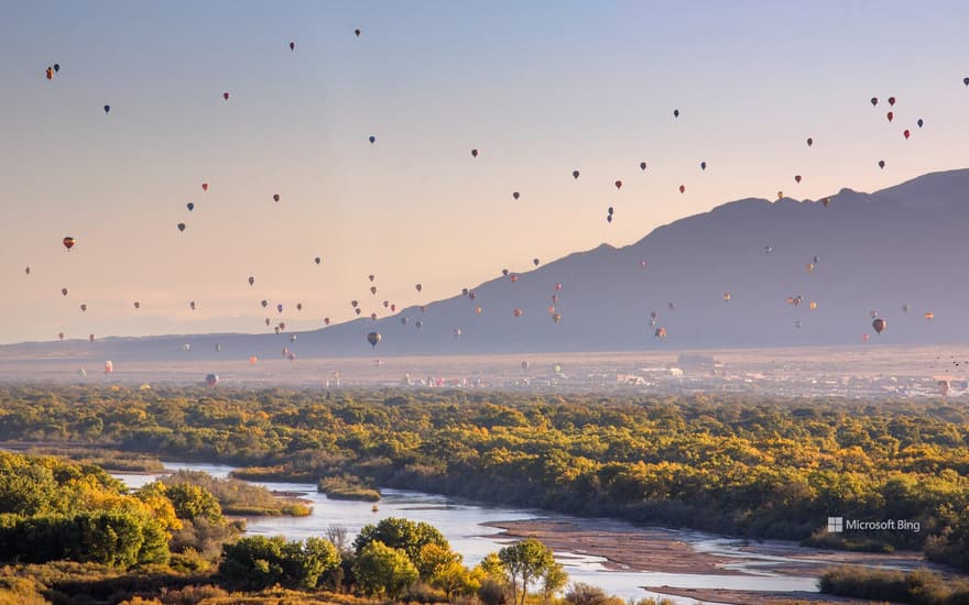 Hot air balloons over the Rio Grande, Albuquerque, New Mexico, USA