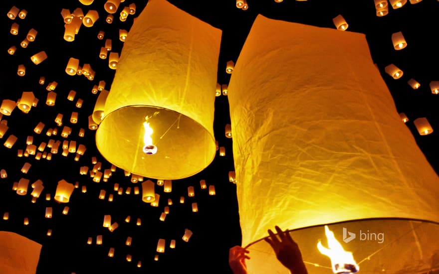 Fire lanterns released during Loi Krathong in Chiang Mai, Thailand